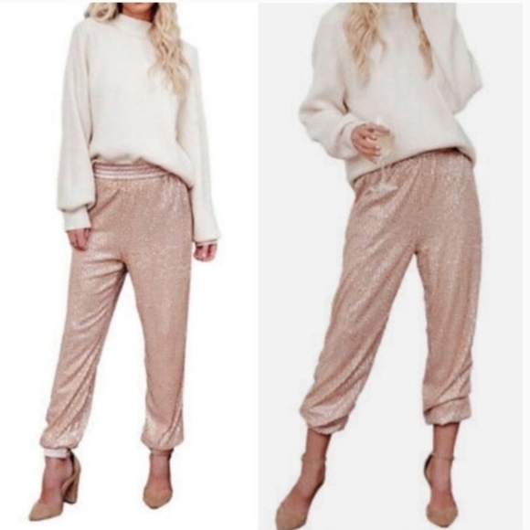 Anthropologie Pants - Anthropologie Melora Metallic Rose Gold Jogger Pants size medium NWT